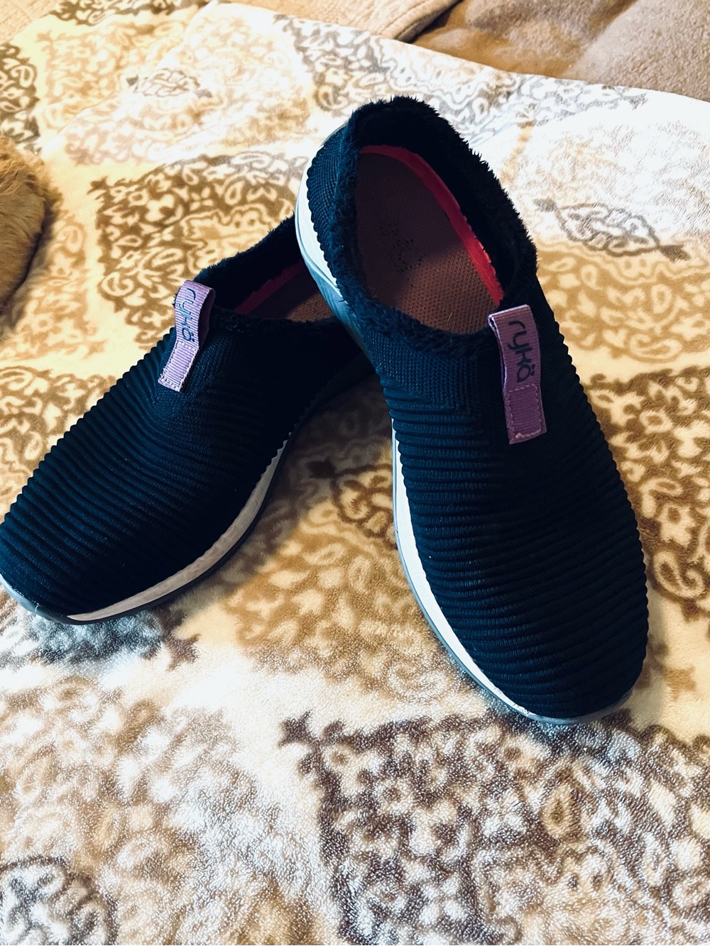 Ryka Black Slip-On Knit Sneakers with Lavender Pull Tabs
